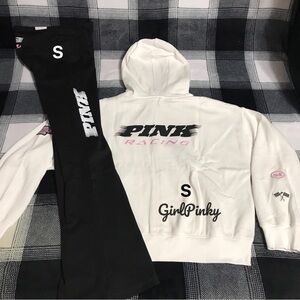 VS PINK ULTIMATE FLARE LEGGINGS & FULL ZIP HOODIE IN RACING DESIGN IN SMALL